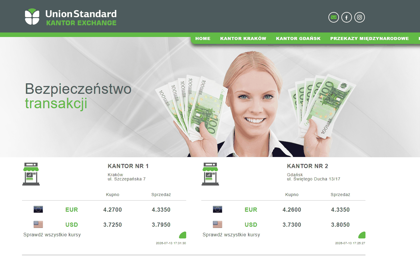 Union Standard currency exchange website homepage